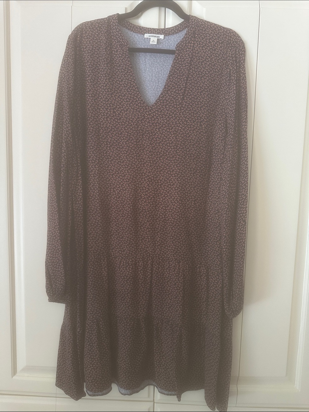 Goodthreads Burgundy and Navy Printed Long-Sleeve V-Neck Tiered Dress
